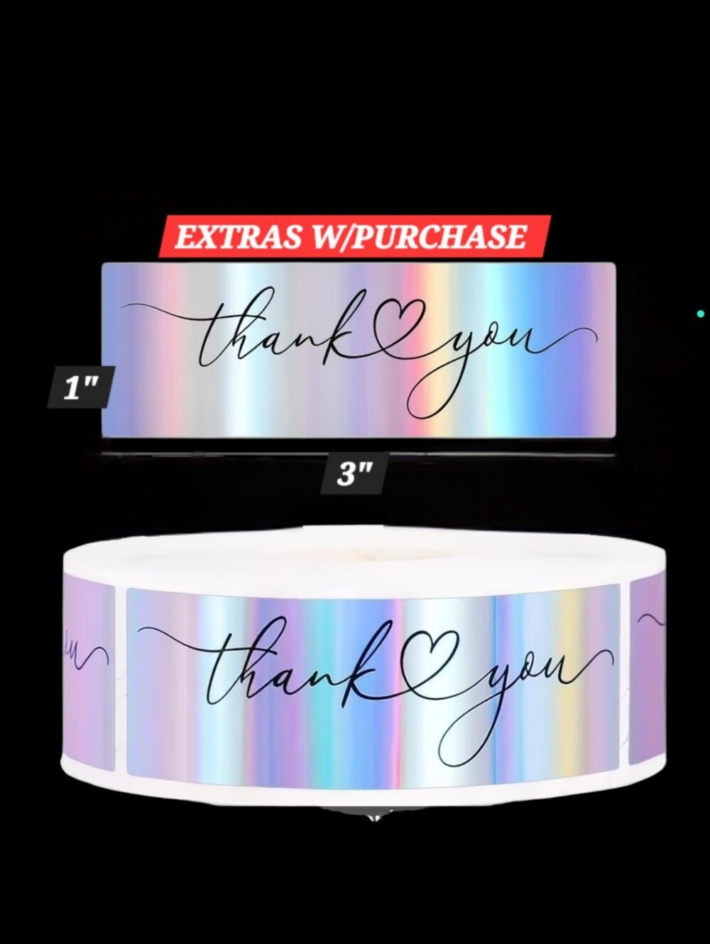 120ct. Holographic "Thank You" Square Stickers-Bonus 3 Random Polymailers 1"x3"